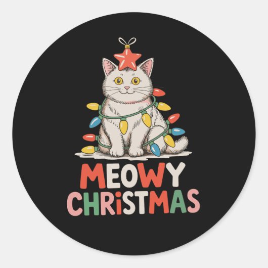 Sticker Rond MeowChristmas Funny Cute Chat Noël Lumières Fête (Devant)