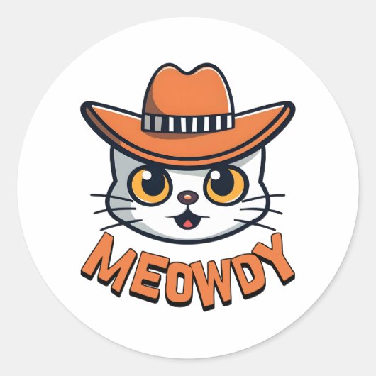 Sticker Rond Meowdy ! Caricature de chatte Cute Cowboy (Devant)