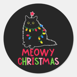Sticker Rond Meowe Noël Noël Lumières Chat noir Pyjamas Fami