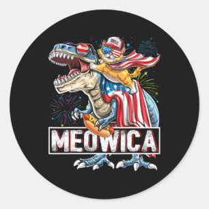 Sticker Rond Meowica Chat T Rex Dinosaure 4 Juillet Drapeau Amé