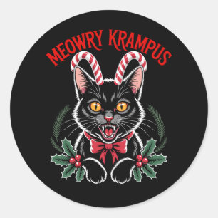 Sticker Rond Meowry Krampus Noël Chat Noir Canne à Sucre Xmas