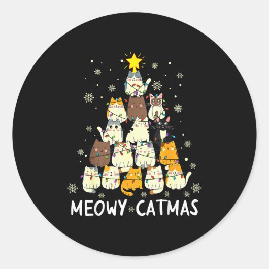 Sticker Rond Meowy Catmas Cat Christmas Tree Xmas Girls Boys Fu (Devant)