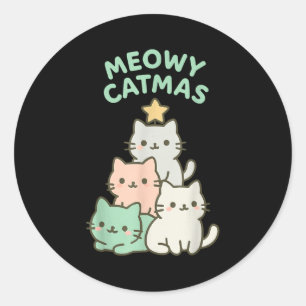 Sticker Rond Meowy Catmas Chat Arbre de Noël Mignon Chaton Xmas