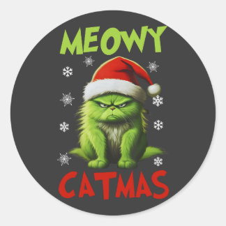 Sticker Rond Meowy Catmas Funny Chat Noël Cadeaux Amoureux de l