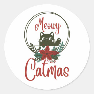 Sticker Rond Meowy Catmas, Noël drôle