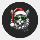 Sticker Rond Meowy Catmas Santa Hat Cute Cat Christmas Pajamas (Devant)