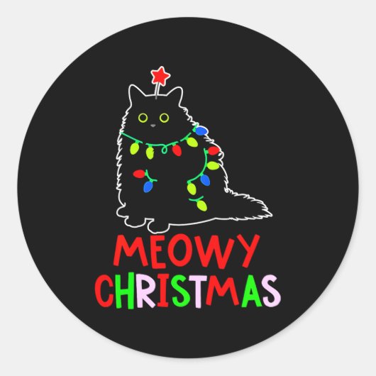 Sticker Rond Meowy Christmas Xmas Lights Black Cat Pajamas (Devant)