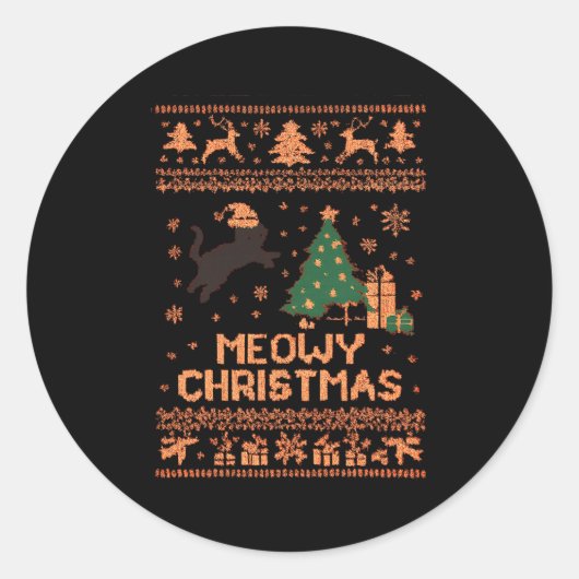 Sticker Rond Meowy Christmas Xmas Tree Cat Ugly Sweater Pajamas (Devant)