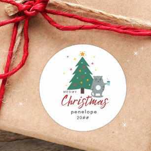 Sticker Rond Meowy Noël mignonne Chat drôle avec nom