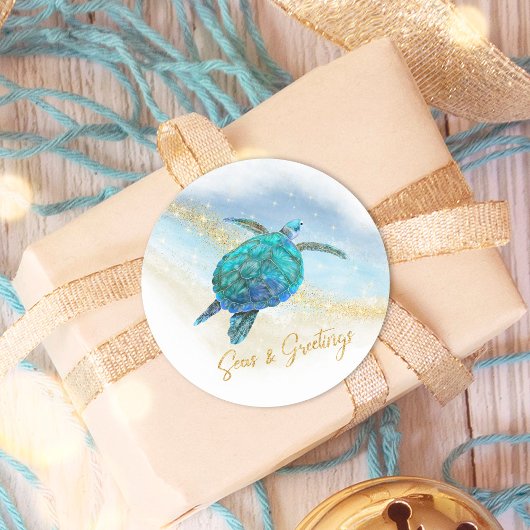 Sticker Rond Mer et salutations Plage Tortue de mer Côte