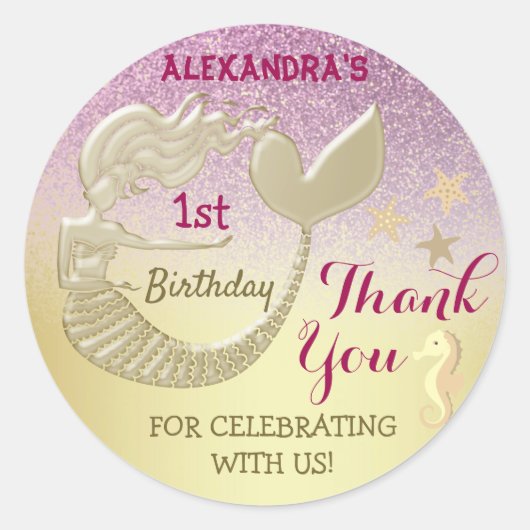 Sticker Rond Merci 1er anniversaire Sirène rose et or (Devant)