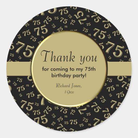 Sticker Rond Merci : 75e Motif de numéros Black & Gold (Devant)