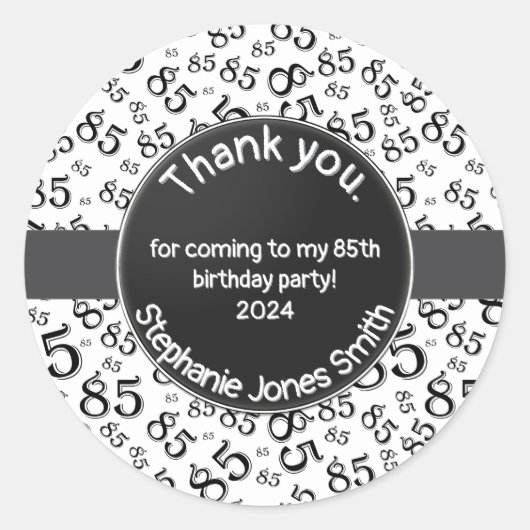 Sticker Rond Merci : 85 Anniversaire Noir/Blanc Motif numérique (Devant)