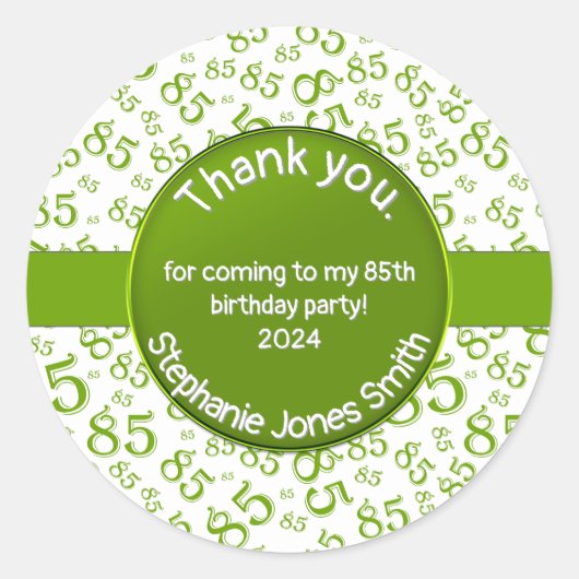 Sticker Rond Merci : 85 Anniversaire Vert/Blanc Motif numérique (Devant)