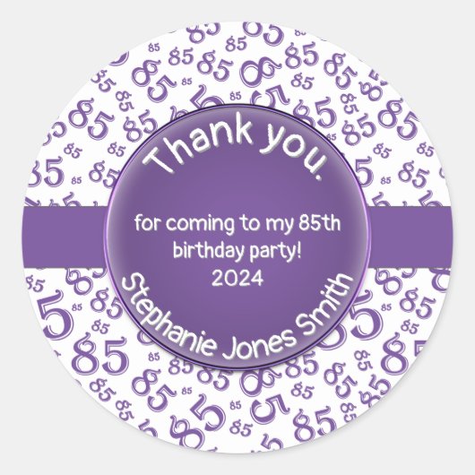 Sticker Rond Merci : 85 Anniversaire Violet/Blanc Motif de numé (Devant)