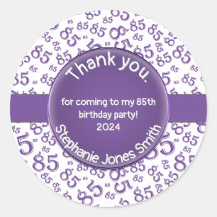 Sticker Rond Merci : 85 Anniversaire Violet/Blanc Motif de numé