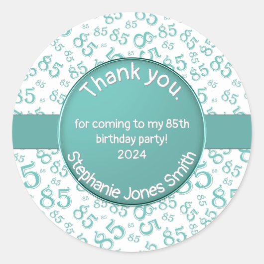Sticker Rond Merci : 85e anniversaire Turquoise/blanc Motif num (Devant)