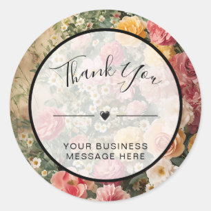 Sticker Rond Merci Affaires Fleurs Vintages rose et jaune