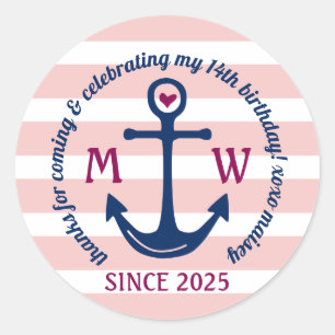 Sticker Rond Merci Ancre Coeur rose rayures Logo nautique