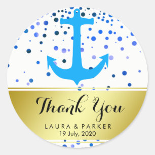 Sticker Rond Merci Ancre nautique Mariage bleu Confetti