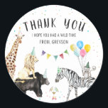 Sticker Rond Merci animal moderne simple partie<br><div class="desc">Organisez une fête d'anniversaire en plein air avec notre invitation à thème Party Animal. Ce thème amusant est parfait pour toute célébration. Le thème de Party Animal est inspiré du safari et des animaux sauvages et présente un mélange amusant d'animaux qui seront certainement un succès à toute fête d'anniversaire. Stick...</div>