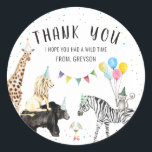 Sticker Rond Merci animal moderne simple partie<br><div class="desc">Organisez une fête d'anniversaire en plein air avec notre invitation à thème Party Animal. Ce thème amusant est parfait pour toute célébration. Le thème de Party Animal est inspiré du safari et des animaux sauvages et présente un mélange amusant d'animaux qui seront certainement un succès à toute fête d'anniversaire. Stick...</div>