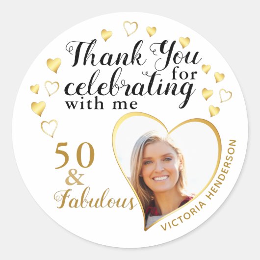 Sticker Rond Merci Anniversaire Blanc Or 50 et fabuleux (Devant)