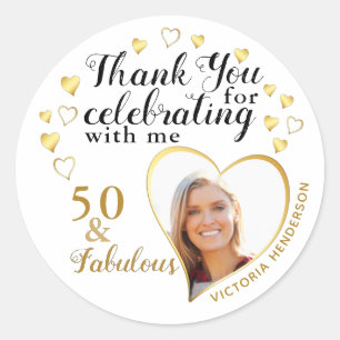 Sticker Rond Merci Anniversaire Blanc Or 50 et fabuleux