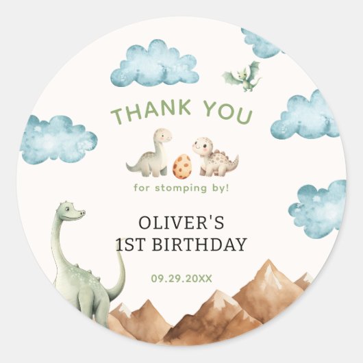 Sticker Rond Merci Anniversaire de enfant de Dinosaur (Devant)