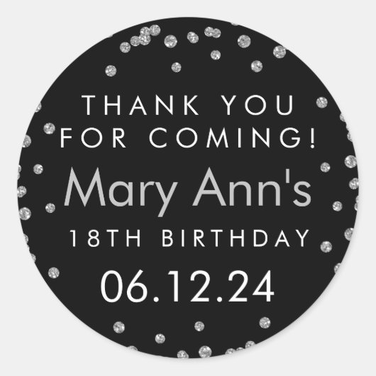 Sticker Rond Merci Argent Anniversaire Parties scintillant Conf (Devant)