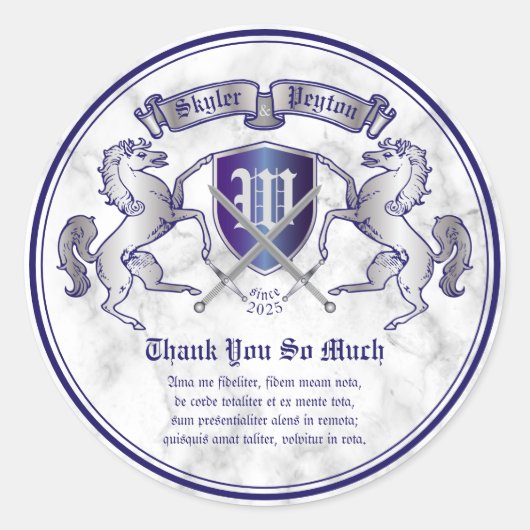 Sticker Rond Merci Armoiries Monogramme Emble Cheval Argent (Devant)