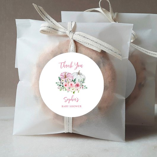Sticker Rond Merci Baby shower Citrouille rose