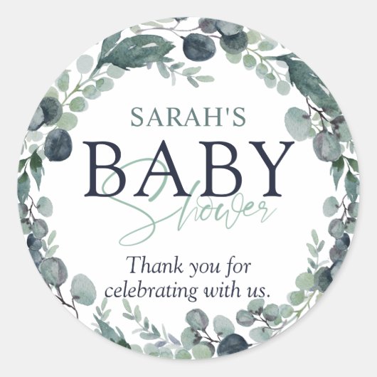 Sticker Rond Merci Baby shower Eucalyptus aquarelle (Devant)