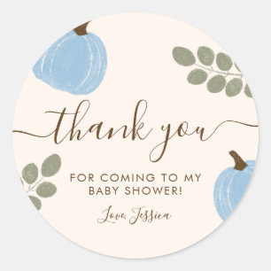 Sticker Rond Merci Baby shower Eucalyptus Citrouille bleu mou