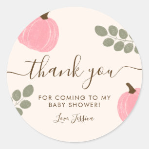 Sticker Rond Merci Baby shower Eucalyptus Citrouille rose migno