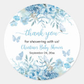Sticker Rond Merci Baby shower floral bleu (Devant)