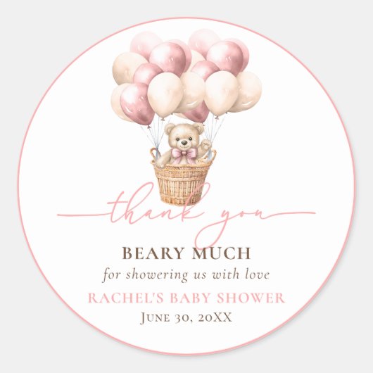 Sticker Rond Merci Baby shower rose Teddy Bear (Devant)