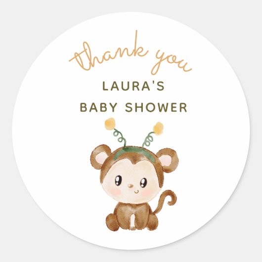 Sticker Rond Merci Baby shower Safari Monkey Aquarelle (Devant)
