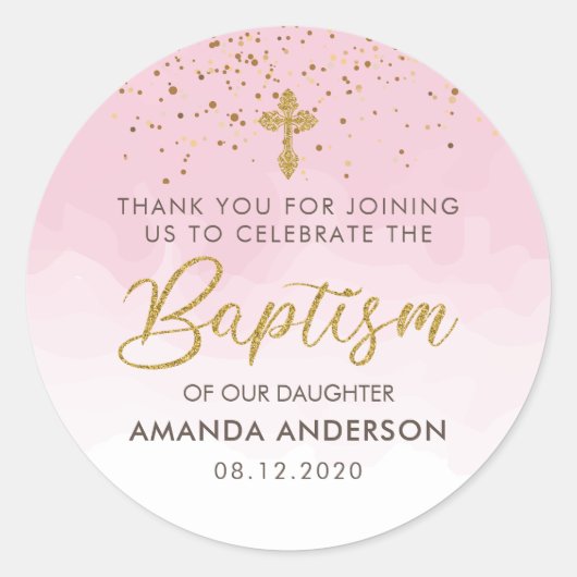 Sticker Rond Merci Baptême De Fille D'Aquarelle Or Et Rose (Devant)