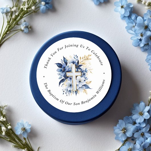 Sticker Rond Merci Baptême or et bleu marine