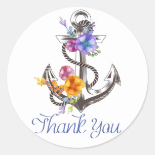 Sticker Rond Merci Bateau Ancre Florale Bleue Naútico