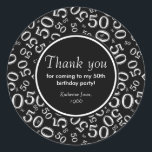 Sticker Rond Merci : Black and White 50th Birthday Party<br><div class="desc">Pour vous aider à dire, "Merci d'être venu à mon 50e anniversaire", il y a des modèles de texte pour vous de personnaliser facilement le texte au centre. Ce design est un arrière - plan abstrait noir et blanc du nombre cinquante (50) répété dans des tailles et angles variés dans...</div>
