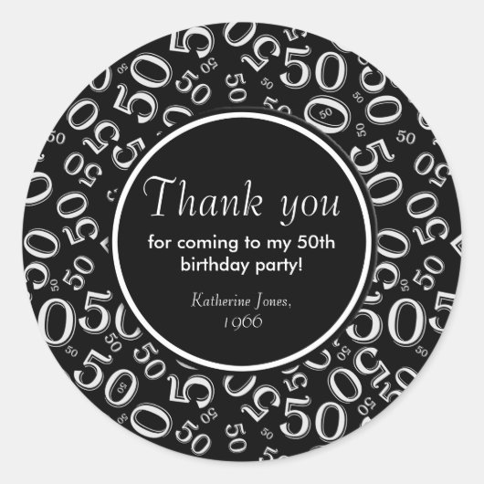Sticker Rond Merci : Black and White 50th Birthday Party (Devant)