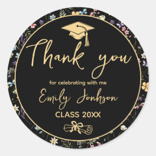 Sticker Rond Merci Black Floral Graduation Party