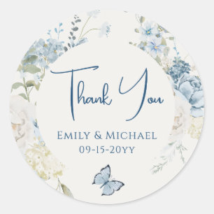 Sticker Rond Merci bleu bleu romantique Mariage floral