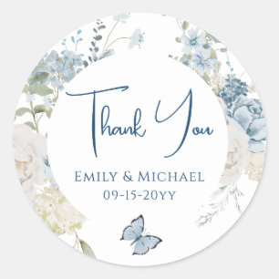 Sticker Rond Merci bleu bleu romantique Mariage floral