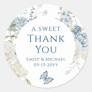 Sticker Rond Merci bleu bleu romantique Mariage floral