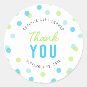 Sticker Rond Merci bleu de baby shower de confettis de vert