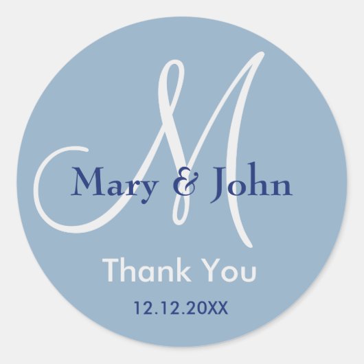 Sticker Rond Merci bleu moderne Monogramme mariage Faveur (Devant)
