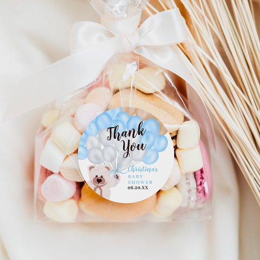 Sticker Rond Merci bleu  ours garçon baby shower